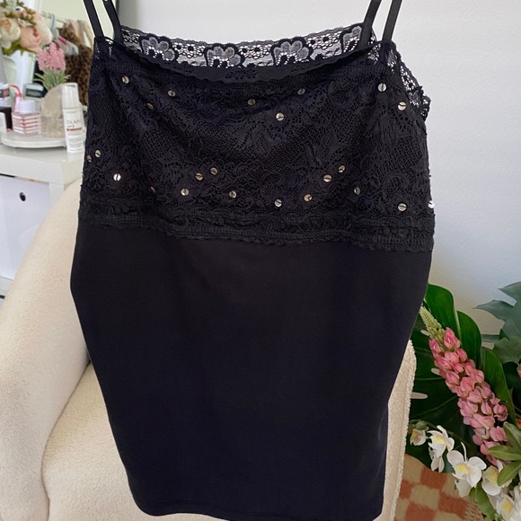 Y2K Black Lace Sequin Cami | Style & Co Stretchy Tank Top - Picture 3 of 9